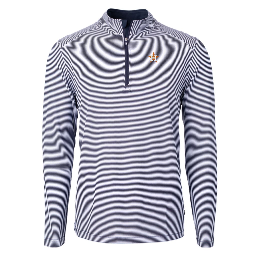 Houston Astros Cutter & Buck Virtue Eco Pique Micro Stripe Recycled Quarter-Zip Pullover Top - Navy/White