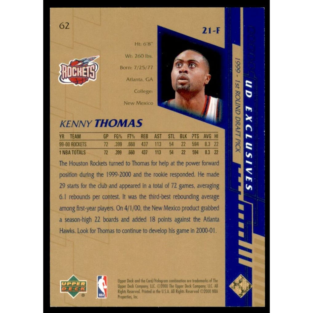2000-01 Upper Deck Gold #62 Kenny Thomas