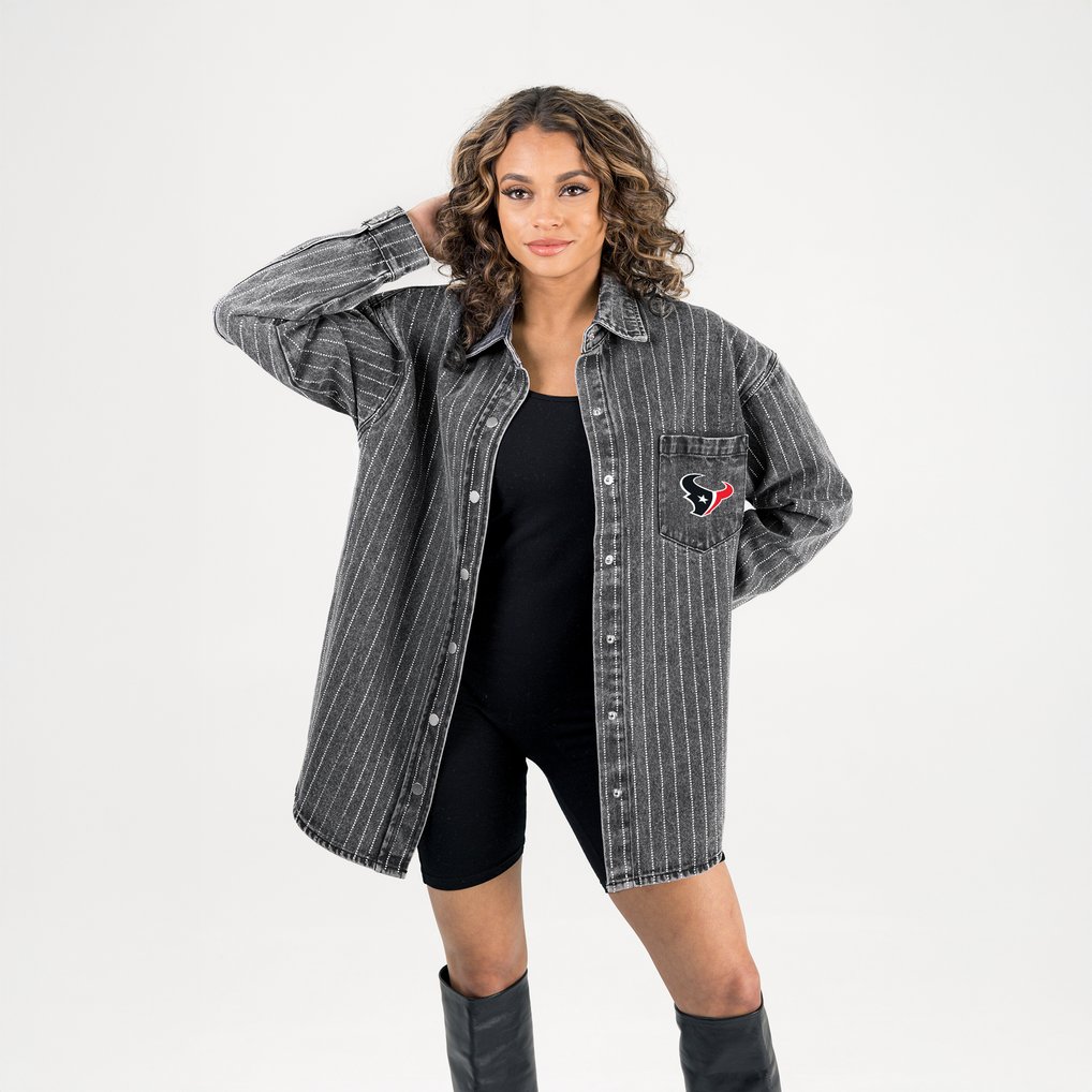 Houston Texans Gameday Couture Women's Oversized Style's the Limit Micro-Rhinestone Stripe Washed Denim Button Up Overshirt - Black