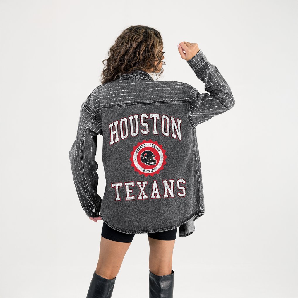 Houston Texans Gameday Couture Women's Oversized Style's the Limit Micro-Rhinestone Stripe Washed Denim Button Up Overshirt - Black