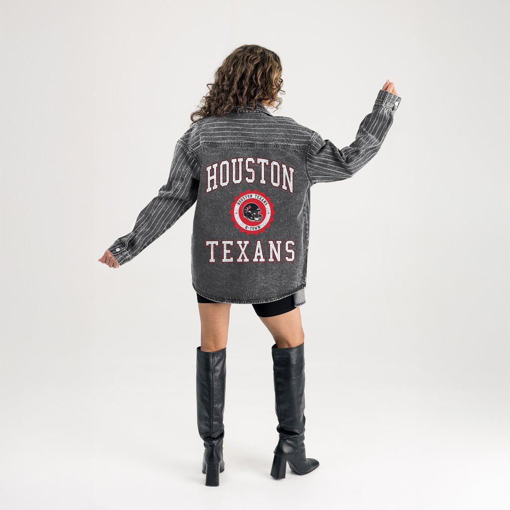 Houston Texans Gameday Couture Women's Oversized Style's the Limit Micro-Rhinestone Stripe Washed Denim Button Up Overshirt - Black