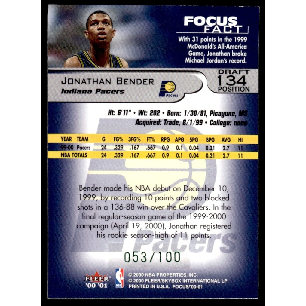 2000-01 Fleer Focus Draft Position #134 Jonathan Bender/100