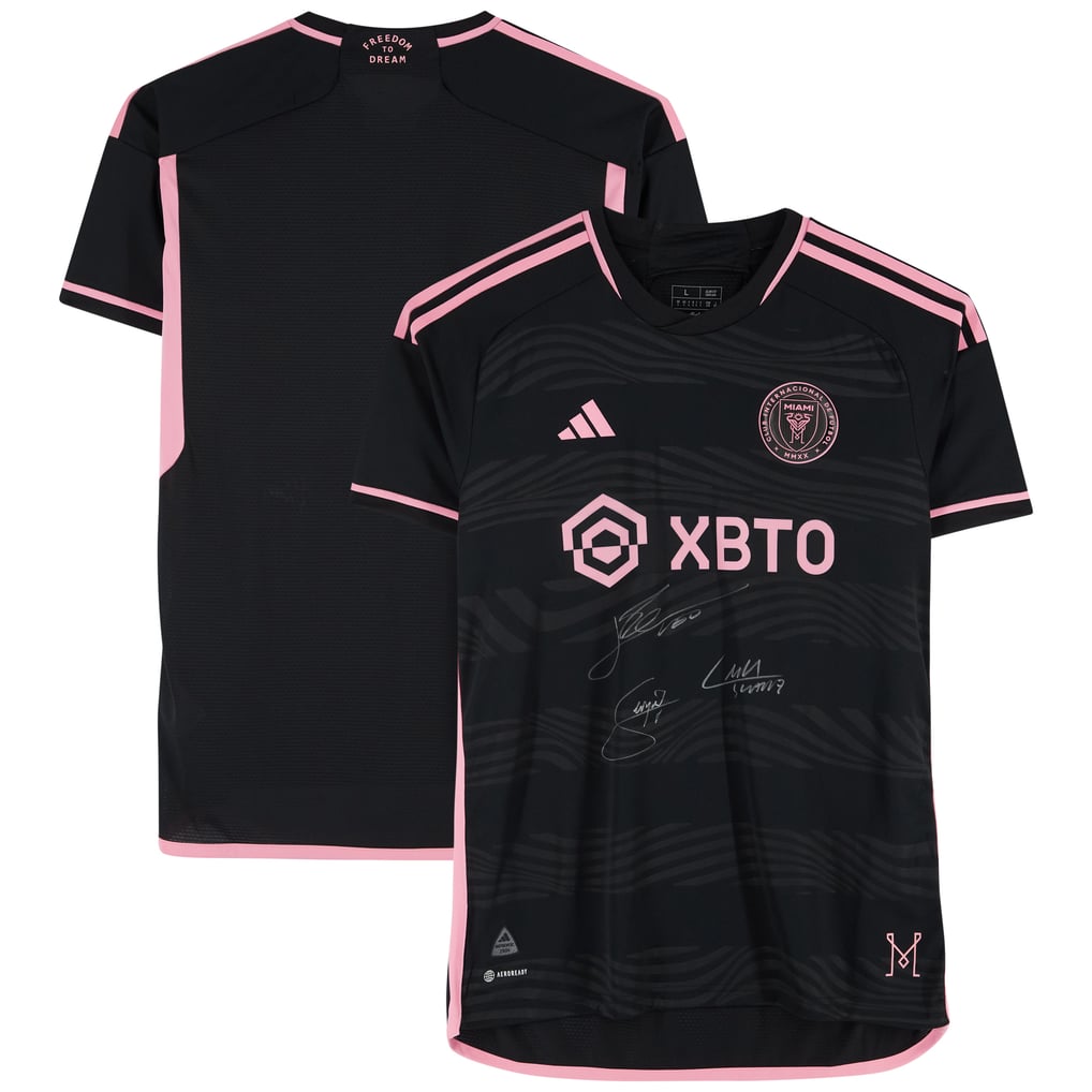 Lionel Messi, Luis Suarez & Sergio Busquets Inter Miami CF Autographed Fanatics Authentic 2023 Black adidas Authentic Jersey - Front Signed