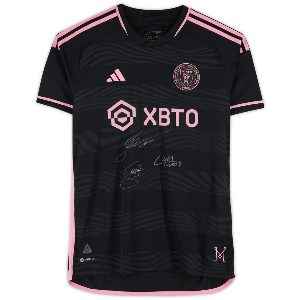 Lionel Messi, Luis Suarez & Sergio Busquets Inter Miami CF Autographed Fanatics Authentic 2023 Black adidas Authentic Jersey - Front Signed