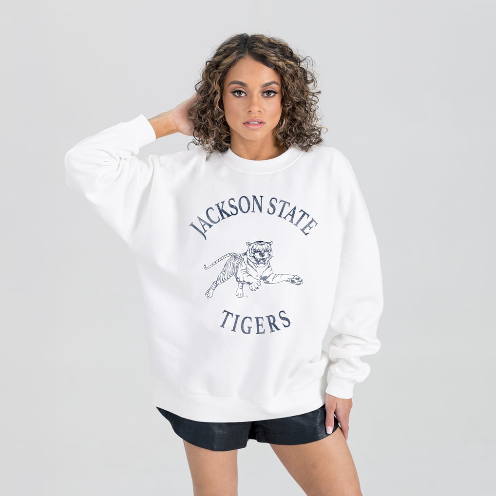 Jackson State Tigers Gameday Couture Women's Oversized Good Vibes Premium Fleece Drop Shoulder Pullover Sweatshirt - White