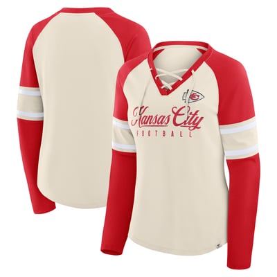 Kansas City Chiefs Fanatics Women's Hometown Gridiron Hero Raglan Lace-Up V-Neck Long Sleeve T-Shirt - Cream/Red
