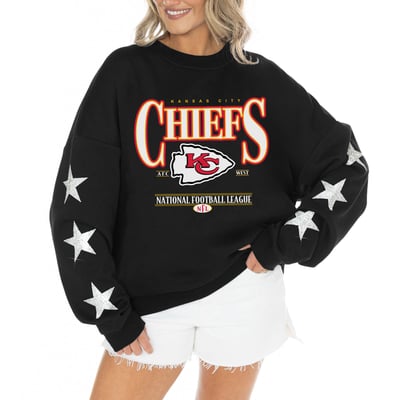 Kansas City Chiefs Gameday Couture Women's Rhinestone Star Sleeve Settle the Score Oversized Tri-Blend Pullover  - Black