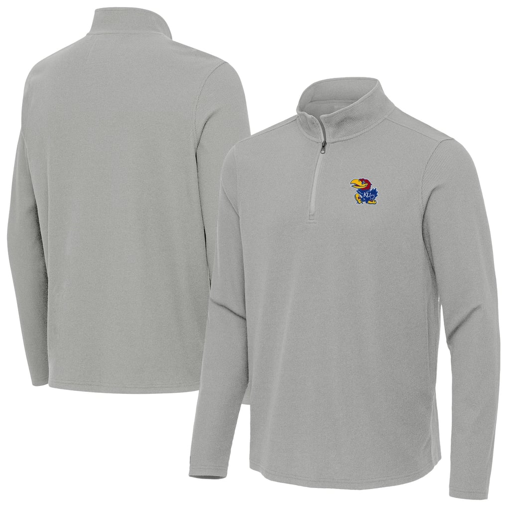 Kansas Jayhawks Antigua Sync Quarter-Zip Waffle-Knit Tri-Blend Pullover - Heather Gray