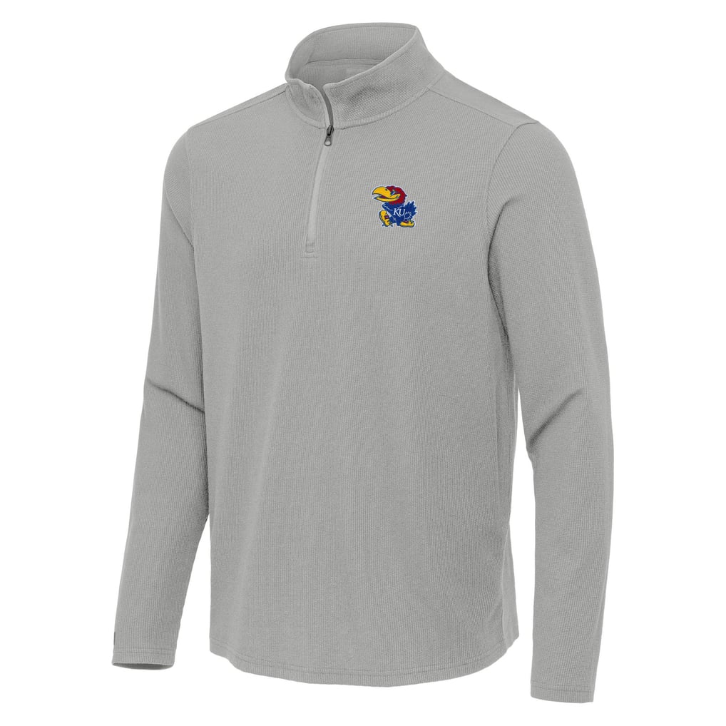 Kansas Jayhawks Antigua Sync Quarter-Zip Waffle-Knit Tri-Blend Pullover - Heather Gray