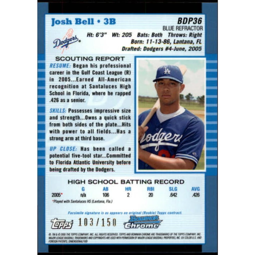 2005 Bowman Chrome Draft Blue Refractors #BDP36 Josh Bell FY