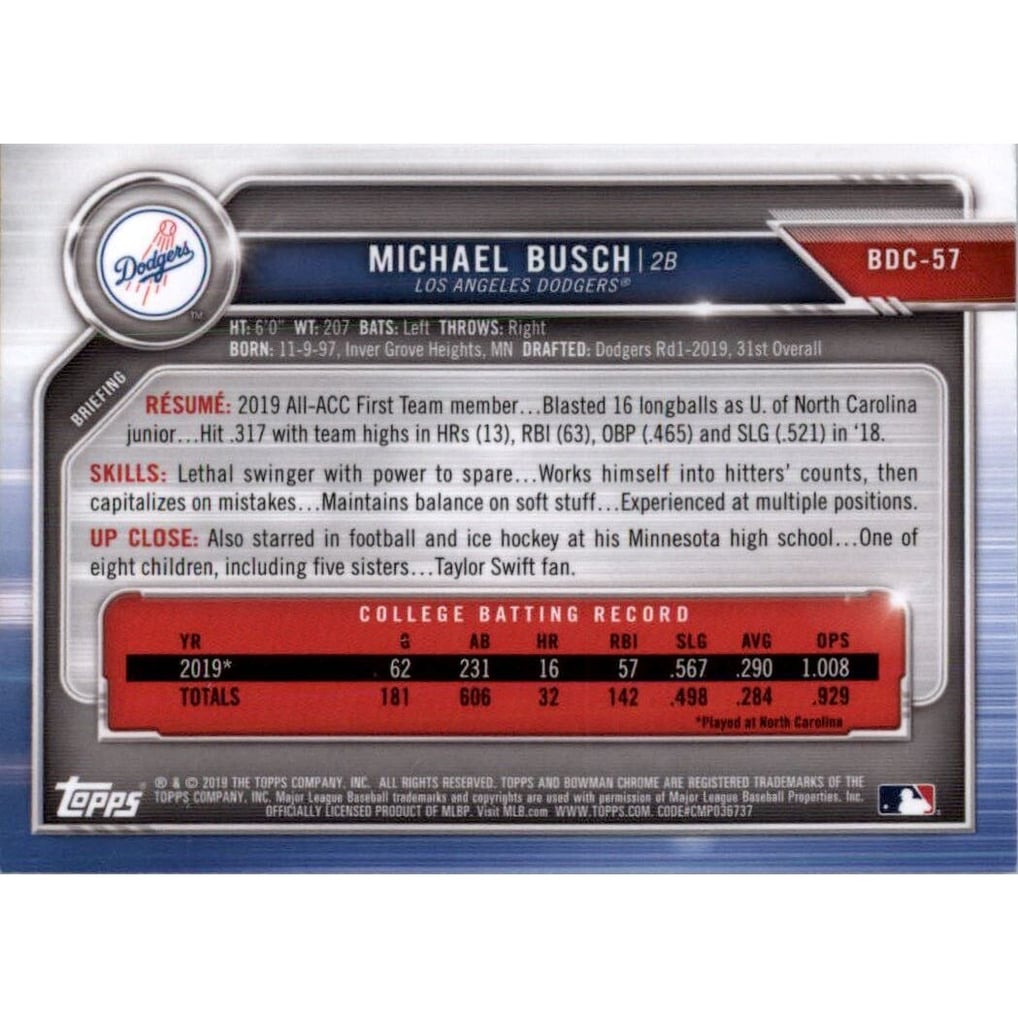 2019 Bowman Chrome Draft Sapphire #BDC57 Michael Busch