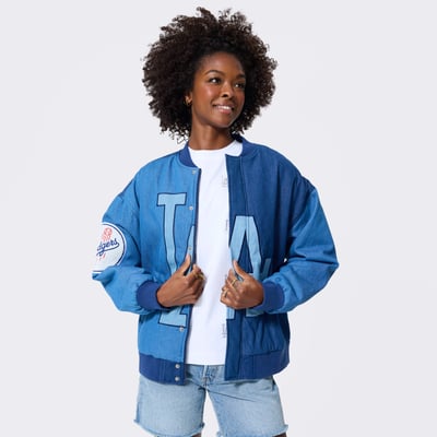 Los Angeles Dodgers Terez Women's Denim Blocked Bomber Jacket - Blue