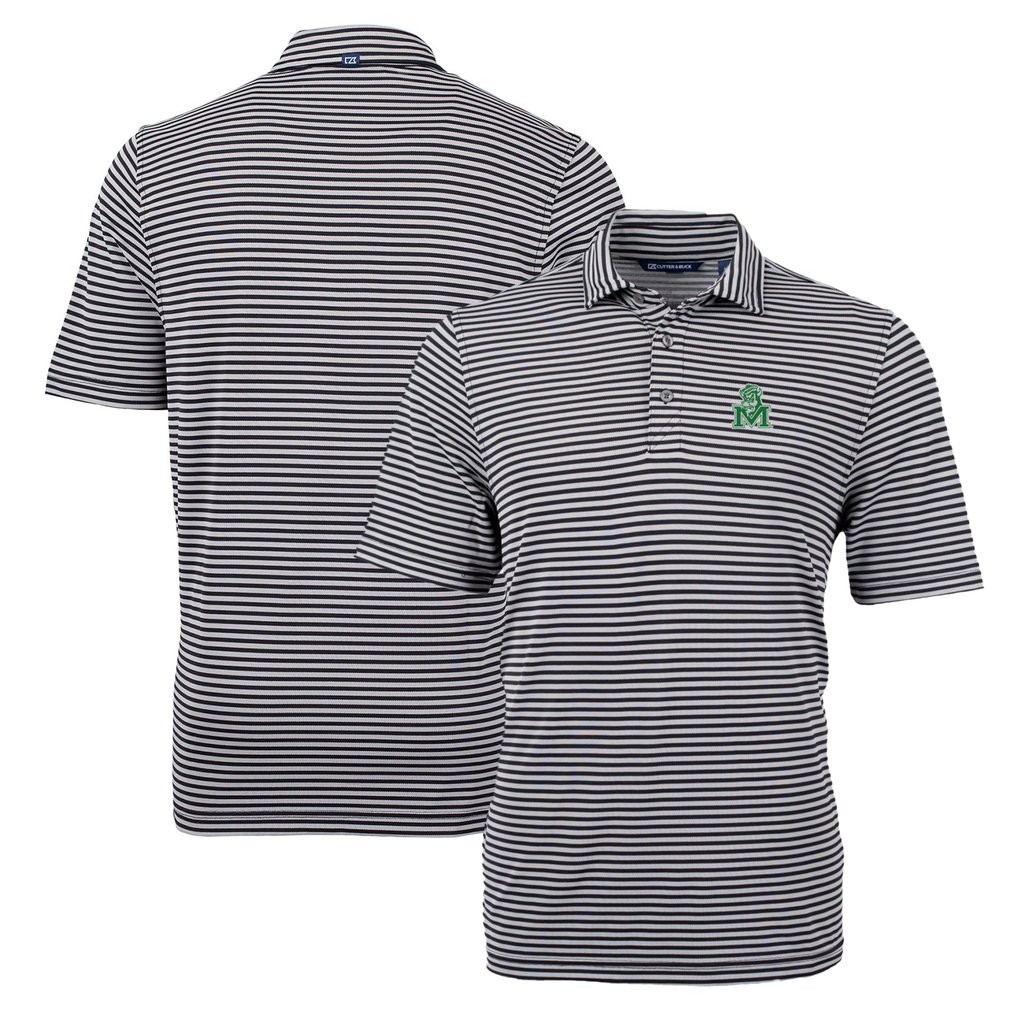Marshall Thundering Herd Cutter & Buck Throwback Logo Virtue Eco Pique Stripe Recycled Polo - Black