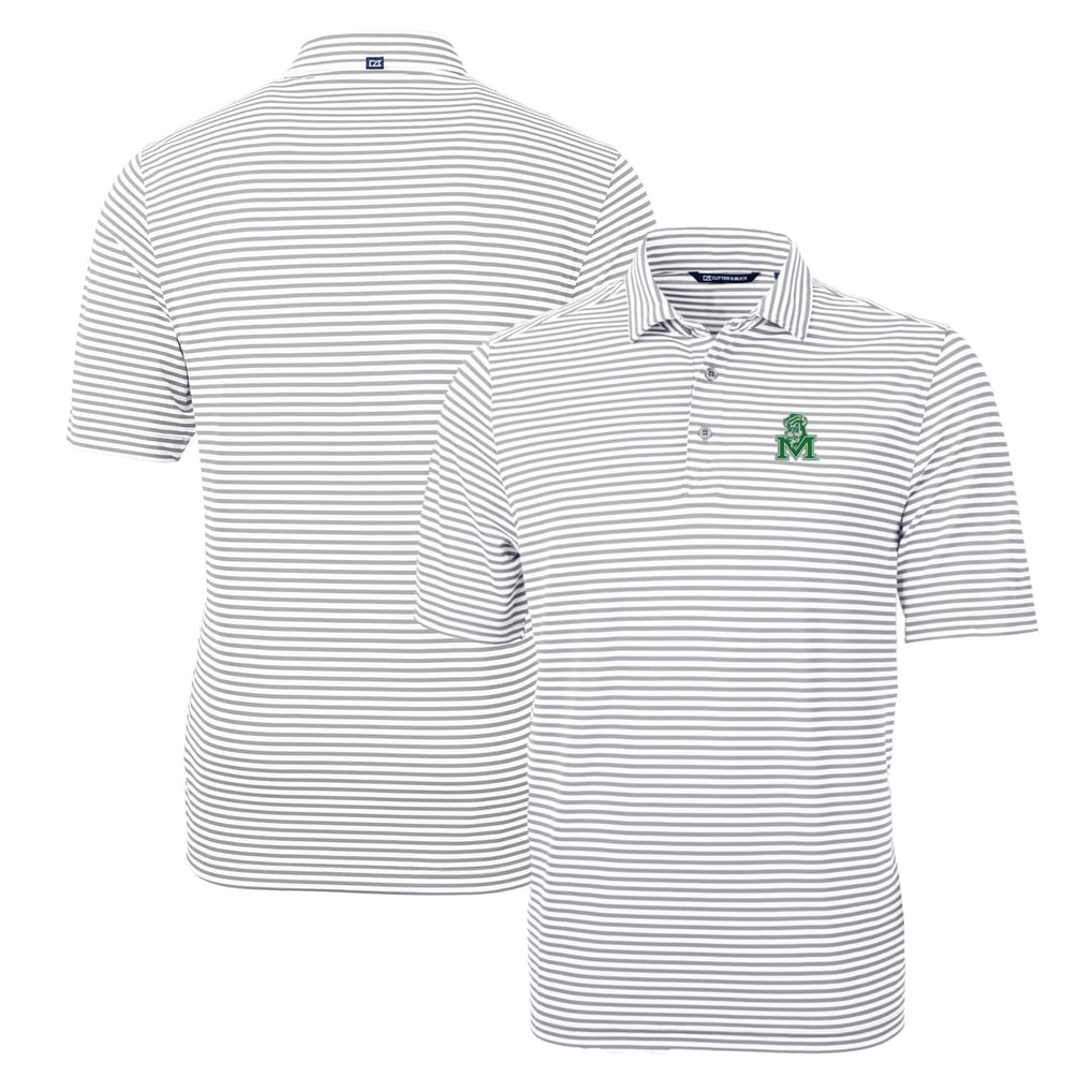 Marshall Thundering Herd Cutter & Buck Throwback Logo Virtue Eco Pique Stripe Recycled Polo - Gray