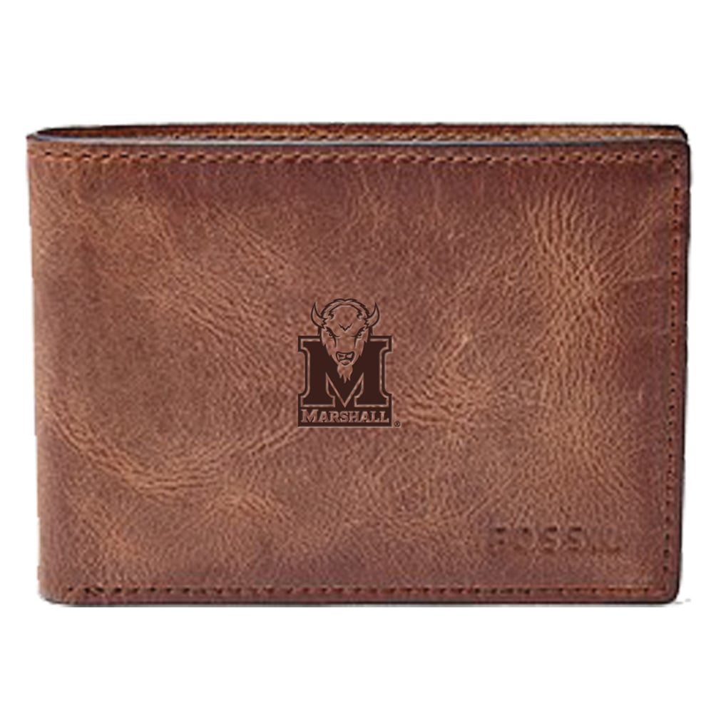 Marshall Thundering Herd Fossil Leather Derrick Front Pocket Bi-Fold Wallet - Brown