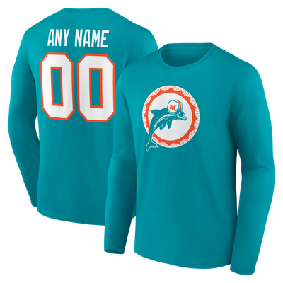 Miami Dolphins  Team Authentic Classic Personalized Name & Number Long Sleeve T-Shirt - Aqua