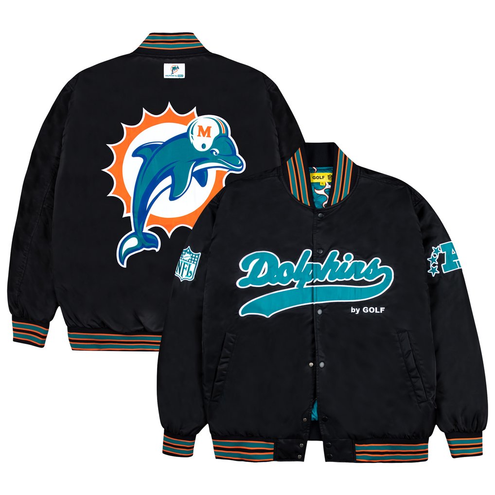 Miami Dolphins GOLF WANG Satin Full-Snap Bomber Jacket - Black
