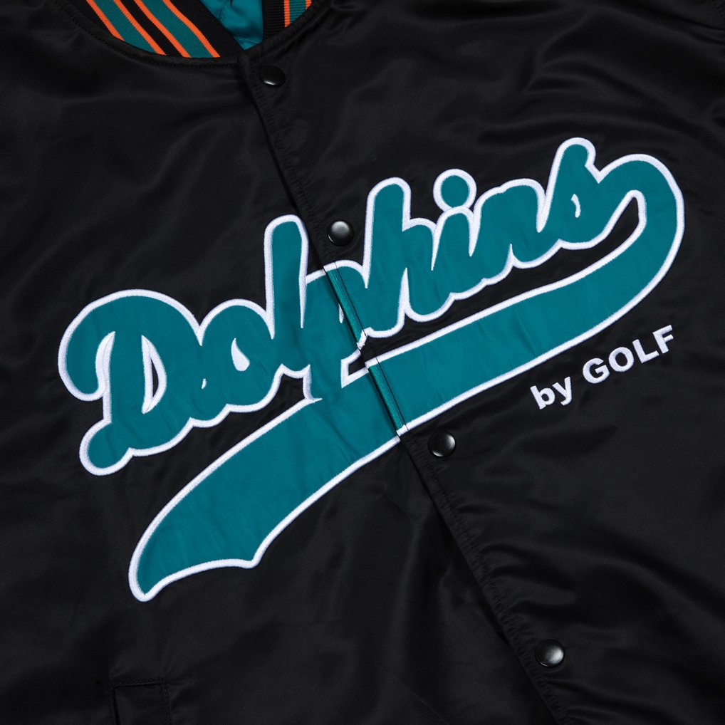 Miami Dolphins GOLF WANG Satin Full-Snap Bomber Jacket - Black