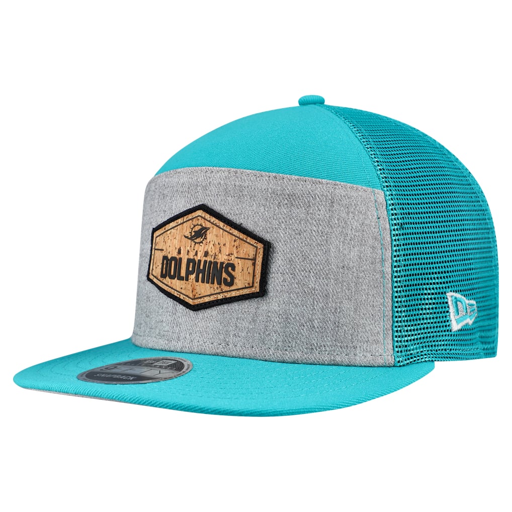  Miami Dolphins New Era Cork Split Panel 9FIFTY Trucker Snapback Hat - Gray/Aqua
