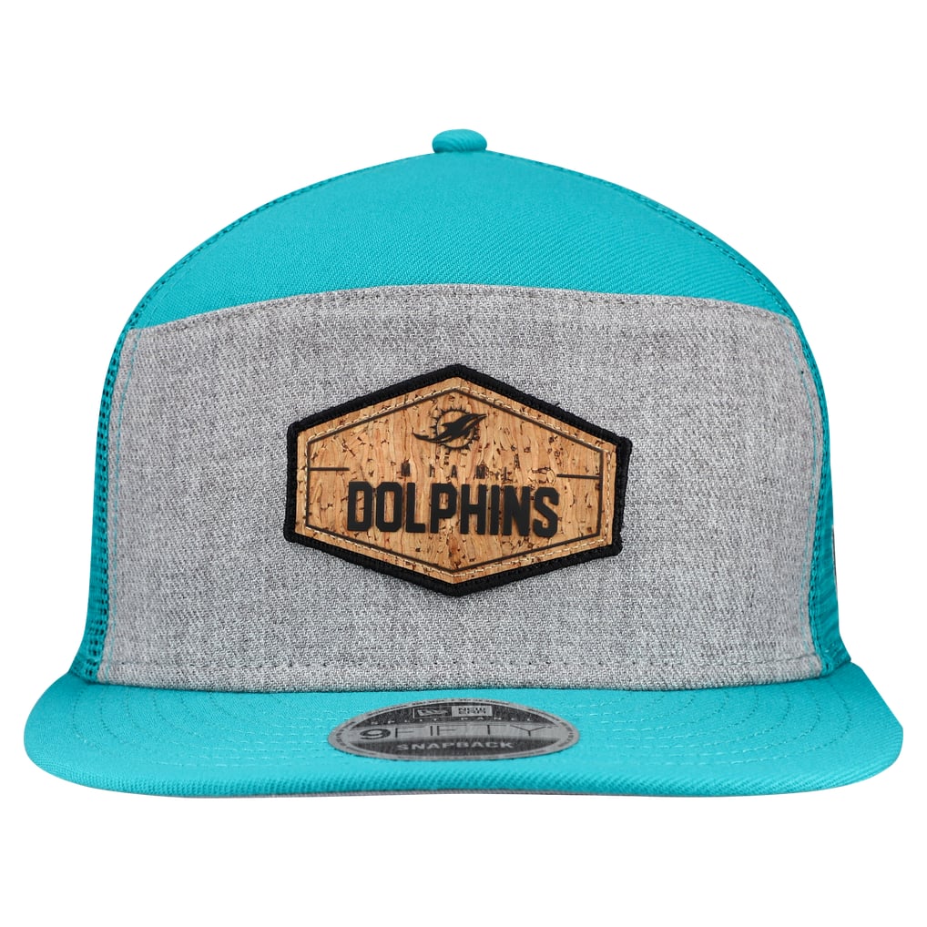  Miami Dolphins New Era Cork Split Panel 9FIFTY Trucker Snapback Hat - Gray/Aqua