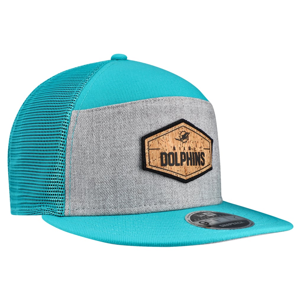  Miami Dolphins New Era Cork Split Panel 9FIFTY Trucker Snapback Hat - Gray/Aqua