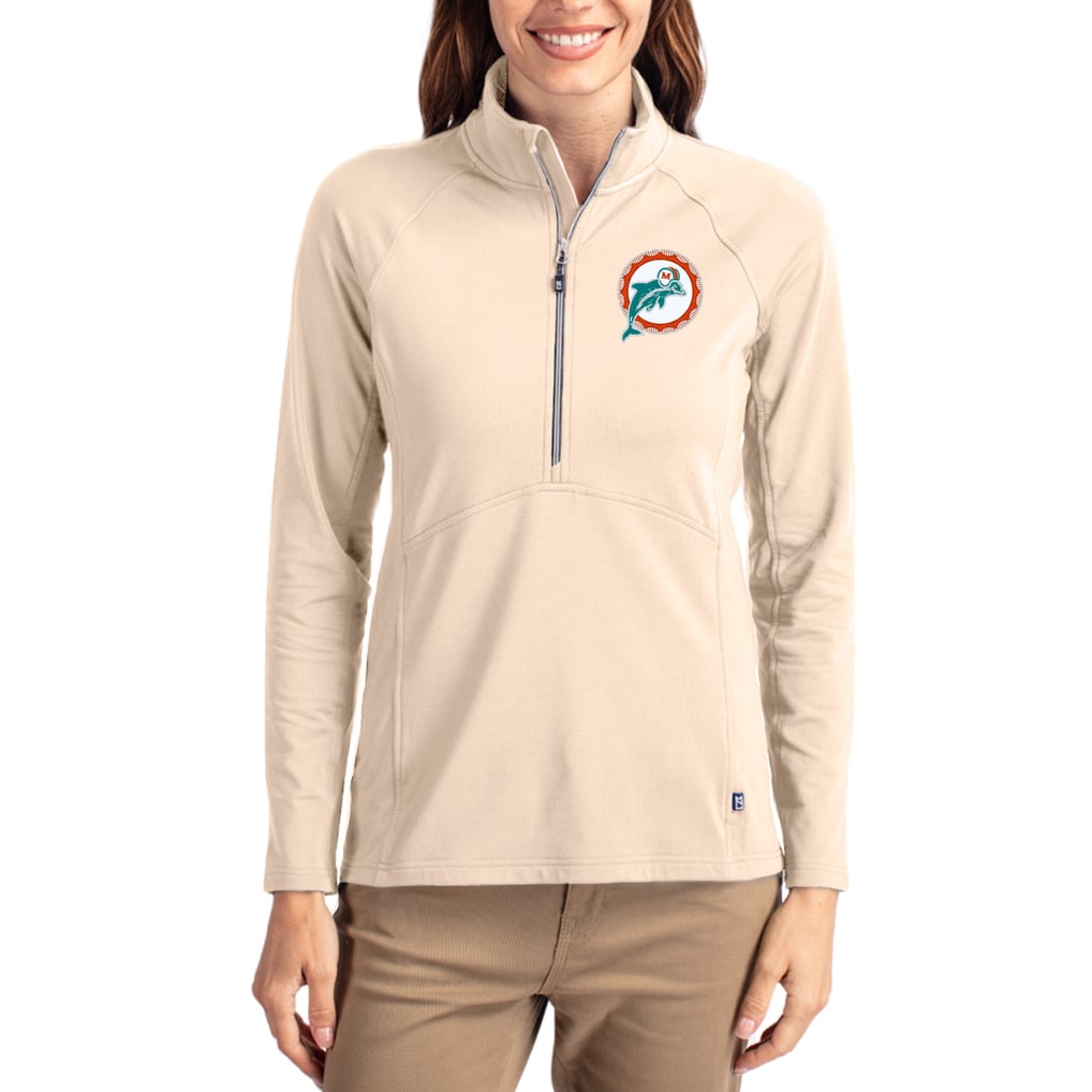 Miami Dolphins Cutter & Buck Women's Throwback Adapt Eco Knit Stretch Recycled Raglan Half-Zip Pullover - Tan