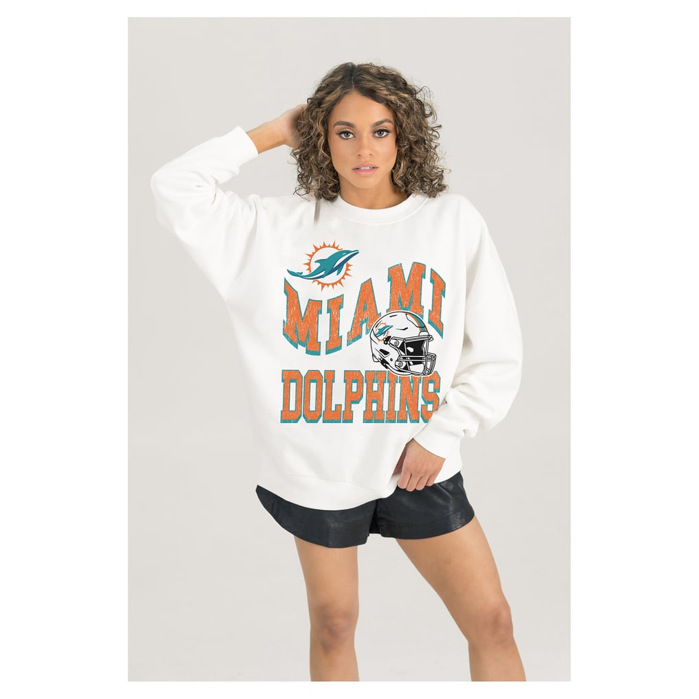  Miami Dolphins Gameday Couture Women's Oversized Hard Earned Premium Fleece Pullover Sweatshirt - White