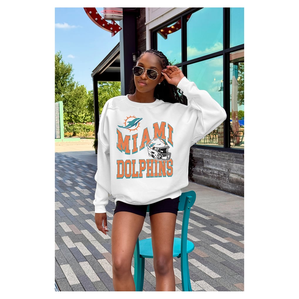  Miami Dolphins Gameday Couture Women's Oversized Hard Earned Premium Fleece Pullover Sweatshirt - White