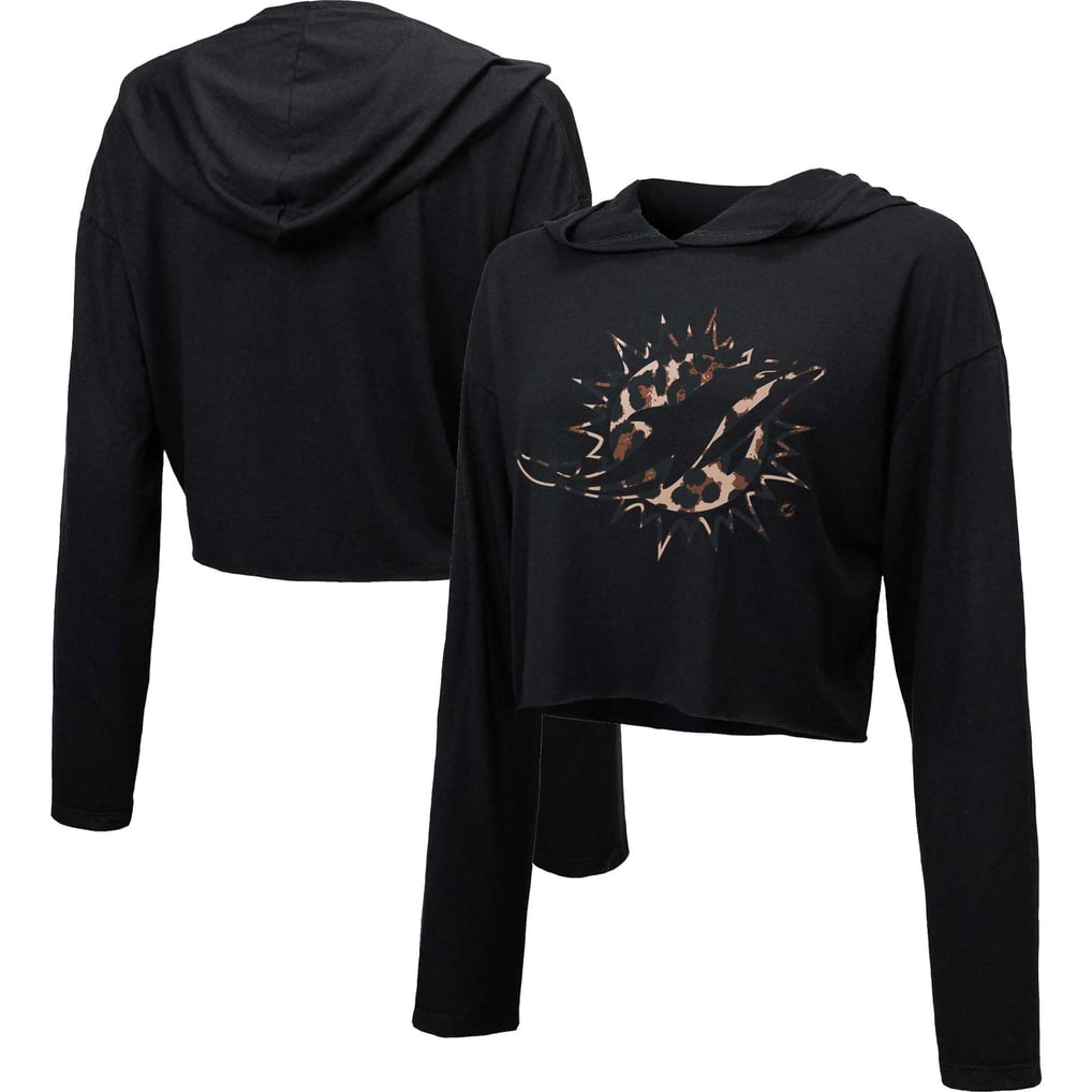 Miami Dolphins Majestic Threads Women's Leopard Cropped Pullover Hoodie - Black