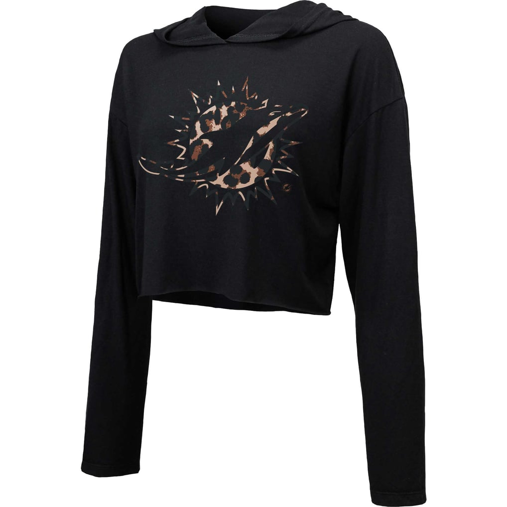Miami Dolphins Majestic Threads Women's Leopard Cropped Pullover Hoodie - Black