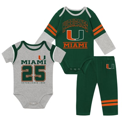 Miami Hurricanes Outerstuff Infant Double Up Three-Piece Bodysuits & Pants Set