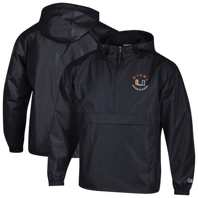  Miami Hurricanes Champion Packable Hooded Windbreaker Half-Zip Jacket - Black