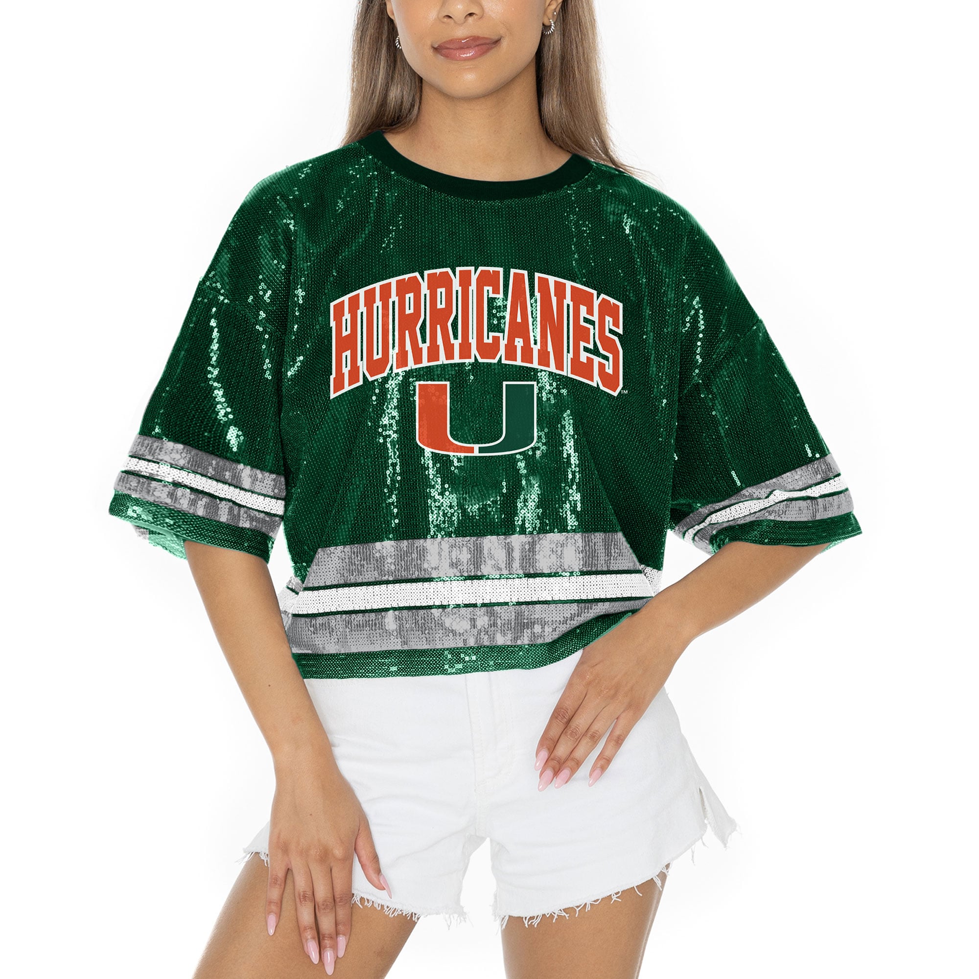 Women's Gameday Couture Green Miami Hurricanes Sequin Striped Cropped ...