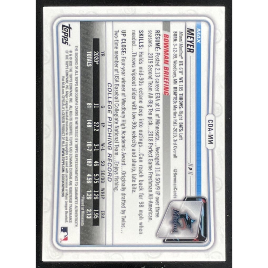 2020 Bowman Draft Chrome Pick Autographs #CDA-MM Max Meyer Auto