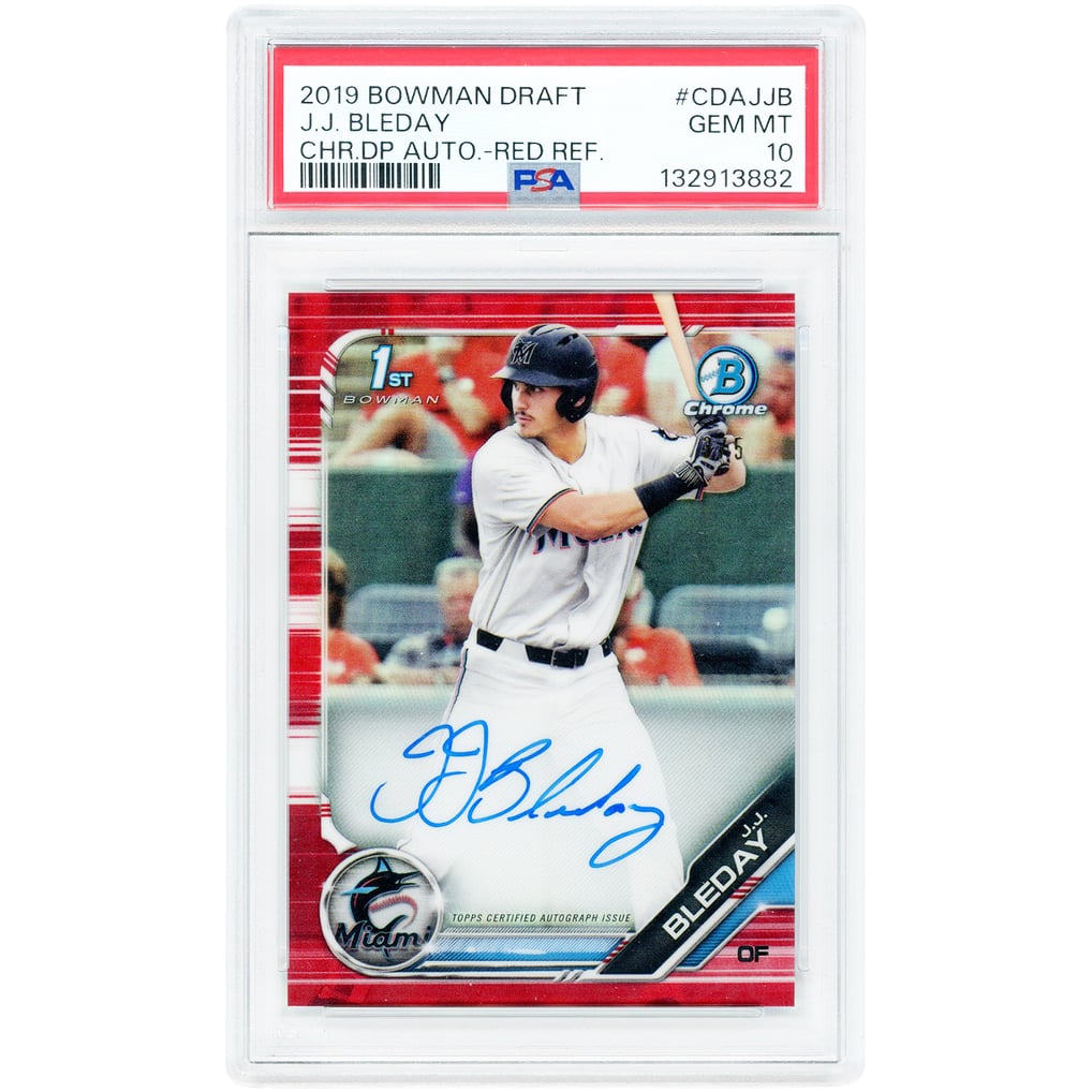 JJ Bleday Miami Marlins Autographed 2019 Bowman Chrome Red Refractor #CDA-JJB #3/5 PSA Authenticated 10 Card