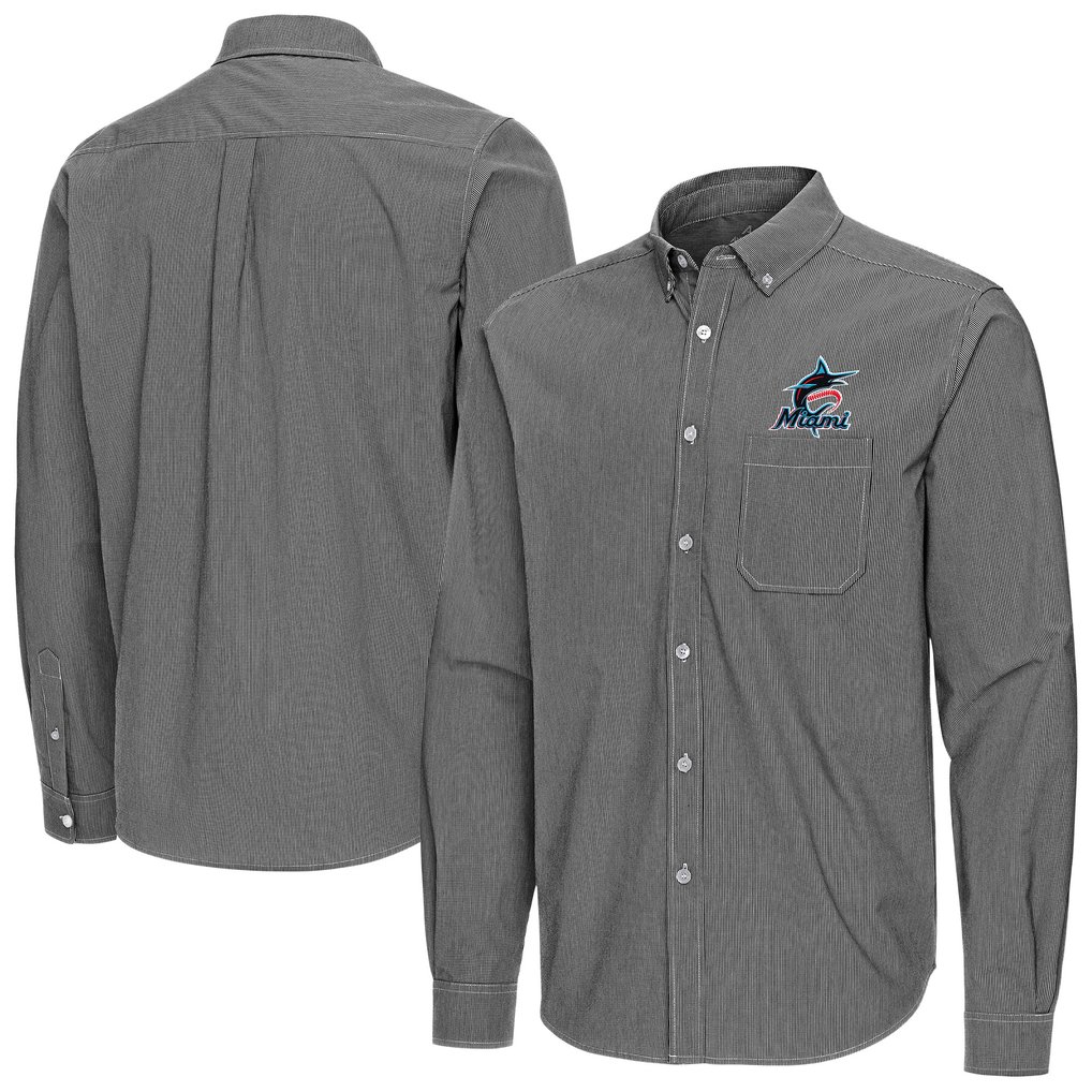 Miami Marlins Antigua Porter Woven Long Sleeve Button-Down Shirt - Black