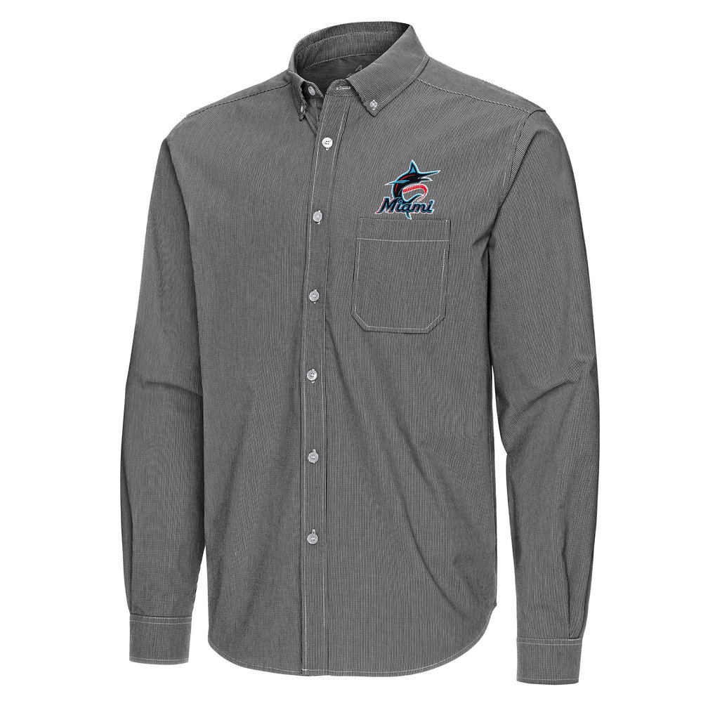 Miami Marlins Antigua Porter Woven Long Sleeve Button-Down Shirt - Black