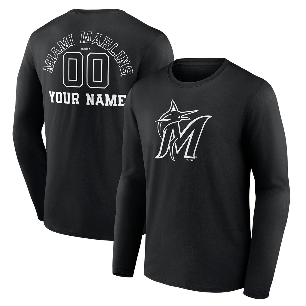 Miami Marlins Monochrome Personalized Name & Number Long Sleeve T-Shirt - Black