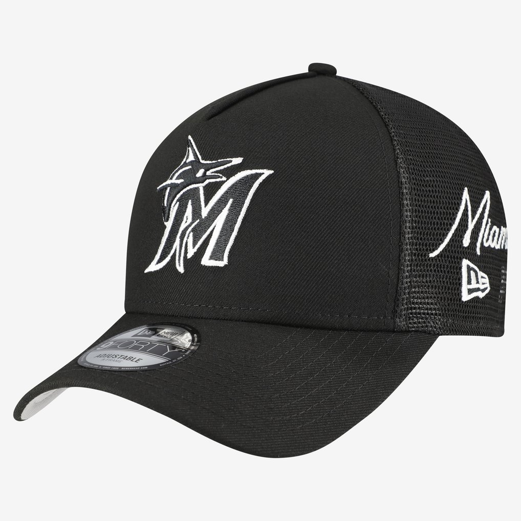 Miami Marlins New Era Side Script 9FORTY A-Frame Trucker Adjustable Hat - Black