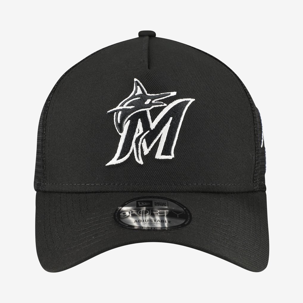 Miami Marlins New Era Side Script 9FORTY A-Frame Trucker Adjustable Hat - Black