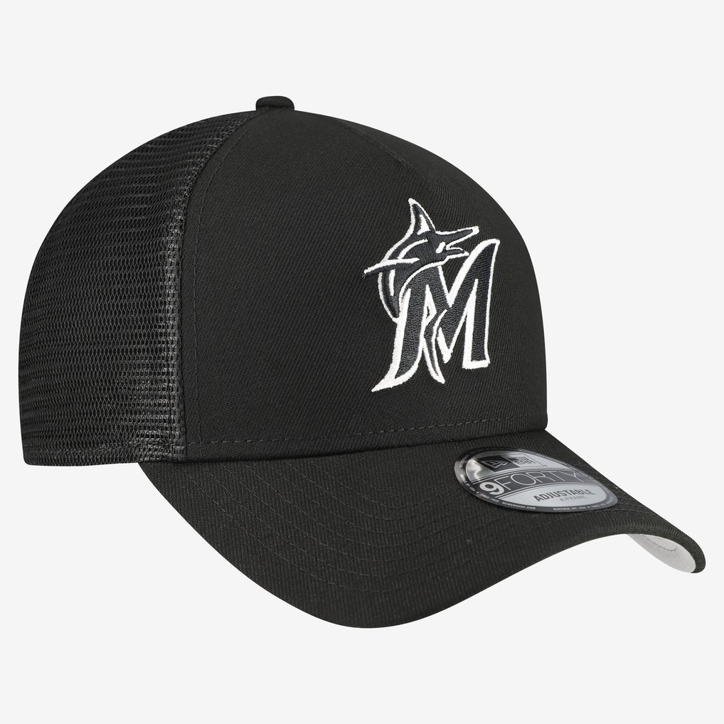 Miami Marlins New Era Side Script 9FORTY A-Frame Trucker Adjustable Hat - Black