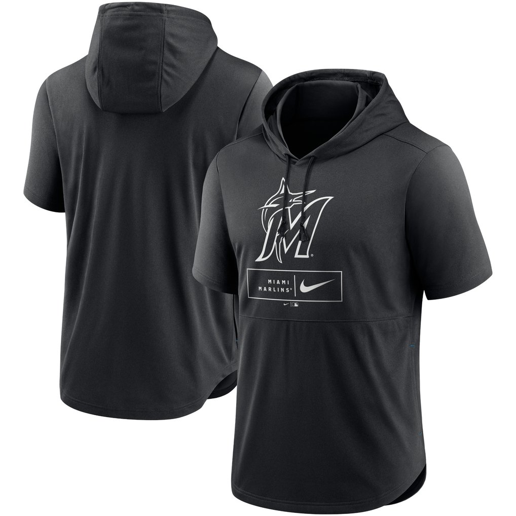 Miami Marlins Nike Lockup Performance Short Sleeve Lightweight Hooded Top - Black