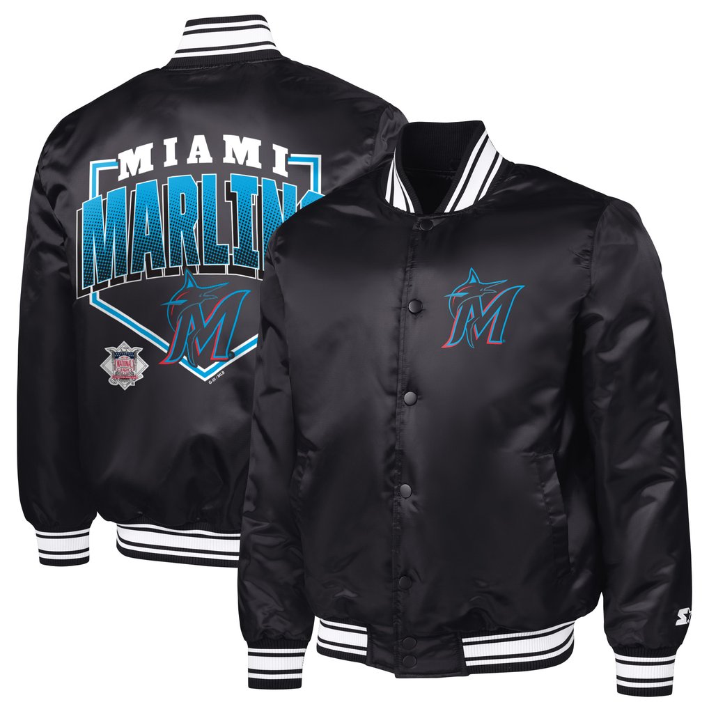  Miami Marlins Starter Home Plate Printed Graphic Satin Full-Snap Varsity Jacket - Black