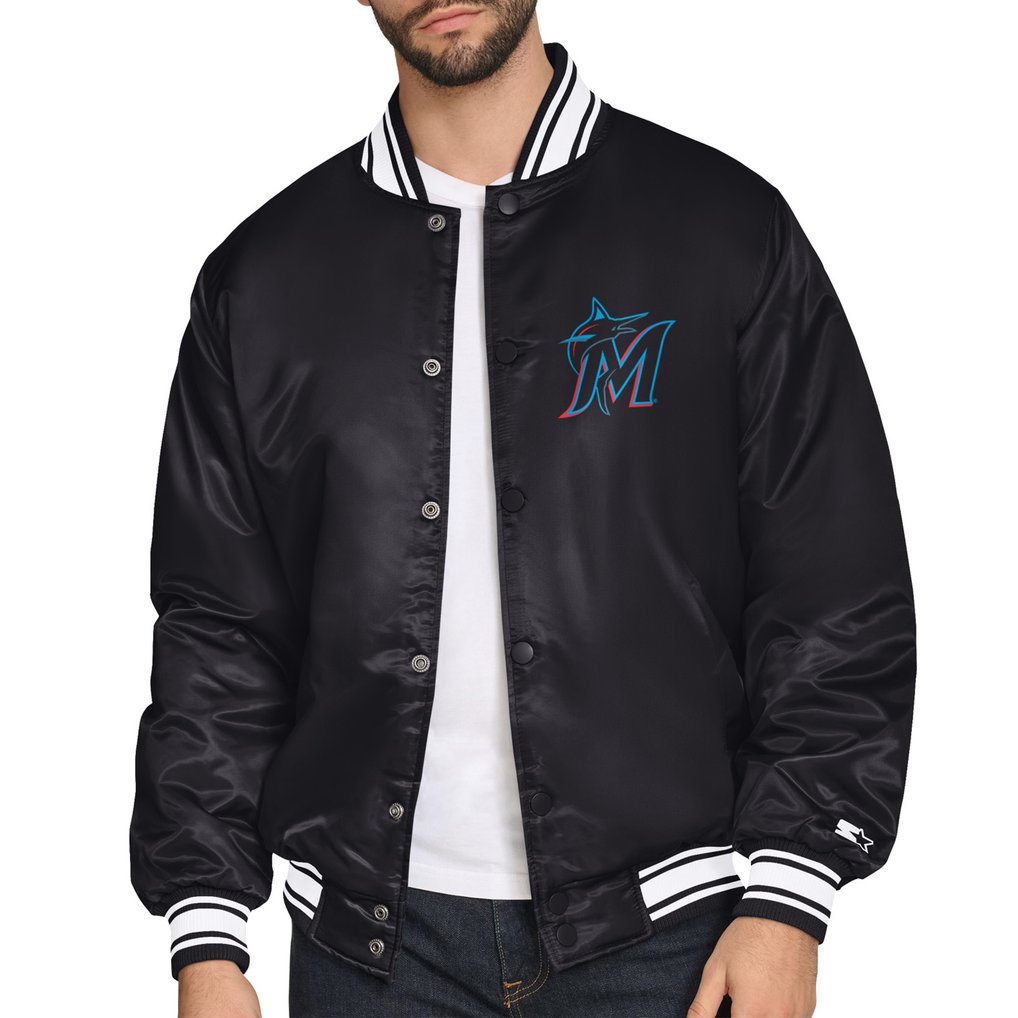  Miami Marlins Starter Home Plate Printed Graphic Satin Full-Snap Varsity Jacket - Black