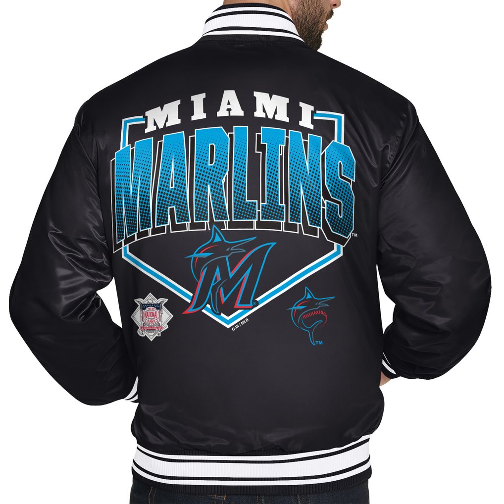  Miami Marlins Starter Home Plate Printed Graphic Satin Full-Snap Varsity Jacket - Black