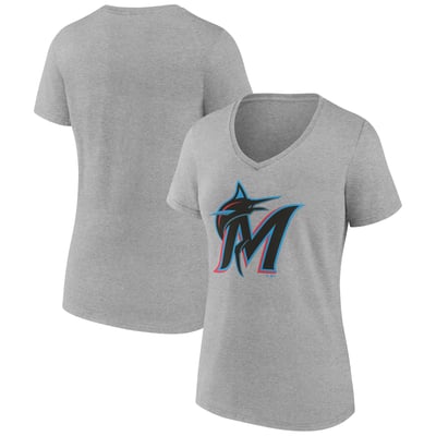  Miami Marlins Logo Athletic Women's Official Logo Athletic V-Neck T-Shirt - Gray