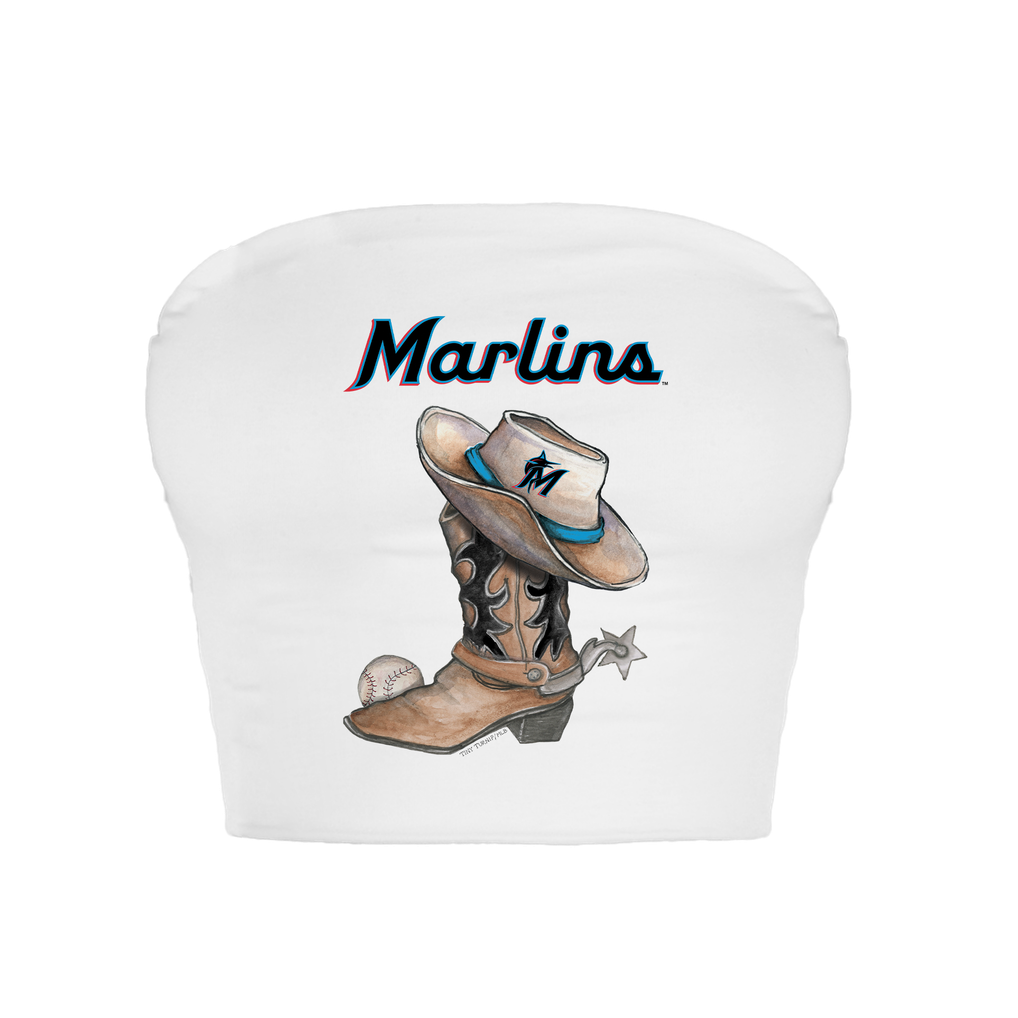  Miami Marlins Tiny Turnip Women's Cowboy Boot Crop Tube Top - White