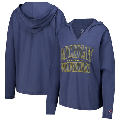 Michigan Wolverines League Collegiate Wear Women's Slub Long Sleeve V-Neck Hoodie T-Shirt - Navy