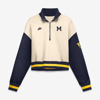 Michigan Wolverines Nike Women's Oversized Legacy Color Block Cropped Quarter-Zip Pullover - Natural/Navy
