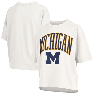 Michigan Wolverines Pressbox Women's Nelson Arch Over Logo Waist Length Oversized Slub T-Shirt - White